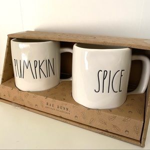Rae Dunn LL PUMPKIN SPICE Set of 2 Mugs Fall White